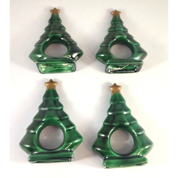 Set Of 4 Vintage Christmas Tree Napkin Rings & 2 Salt/Pepper Shakers - Picture 2 of 12